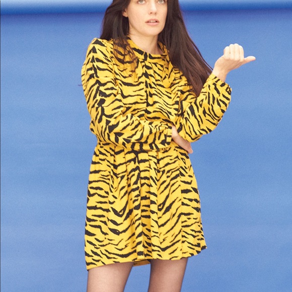 SAINT LAURENT L NWT Fr42 Short dress animal print new yellow black long sleeves - Picture 6 of 11